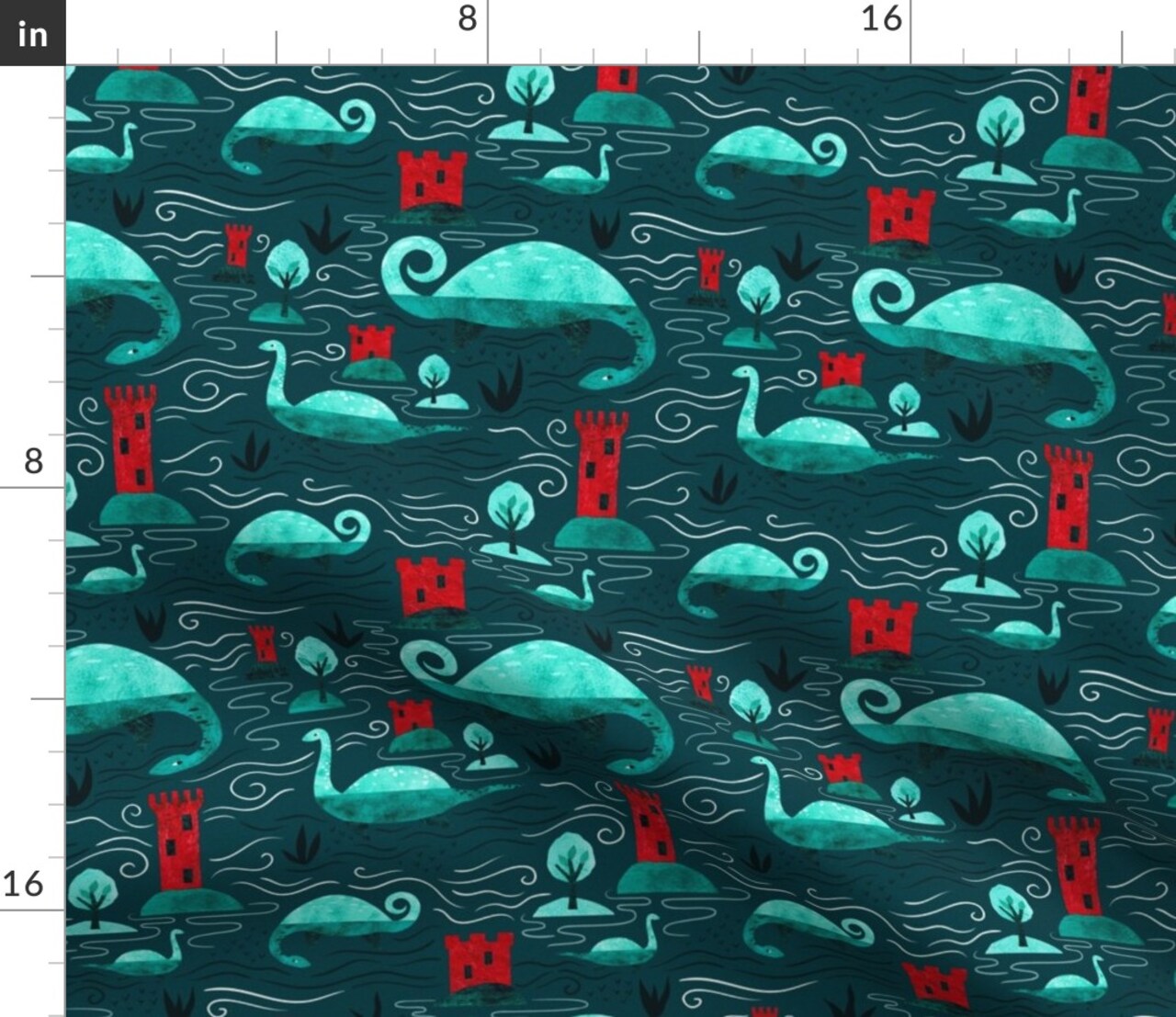 Loch Ness Monster Nessie Teal Blue Red Scotland Mythology Cryptozoology Custom Printed Fabric by Spoonflower Various Fabrics by the Yard or Fat Quarter